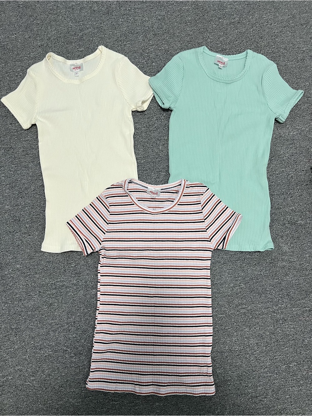 Seed Heritage Girls Ribbed Short-Sleeve Tee Set — Cream, Mint & Multi-Striped